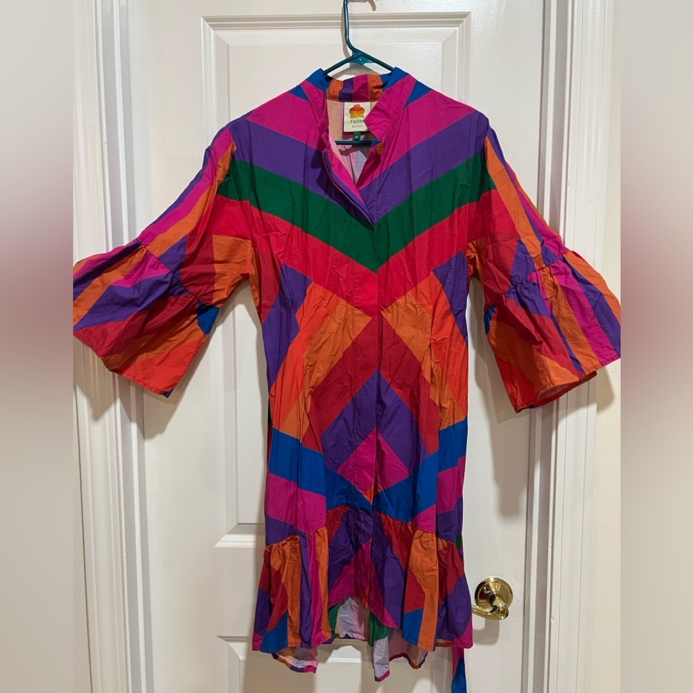 Farm Rio Amanda Stripes Colorful Striped Mini Tiered Ruffle Button Front Dress - Picture 5 of 6